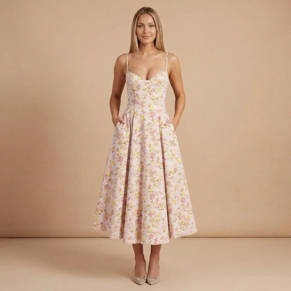 Blush pink floral sweetheart midi dress with full pleated skirt