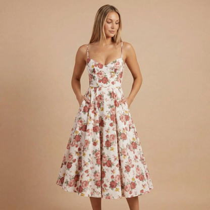 Cream rose floral sweetheart neckline A-line midi cocktail dress