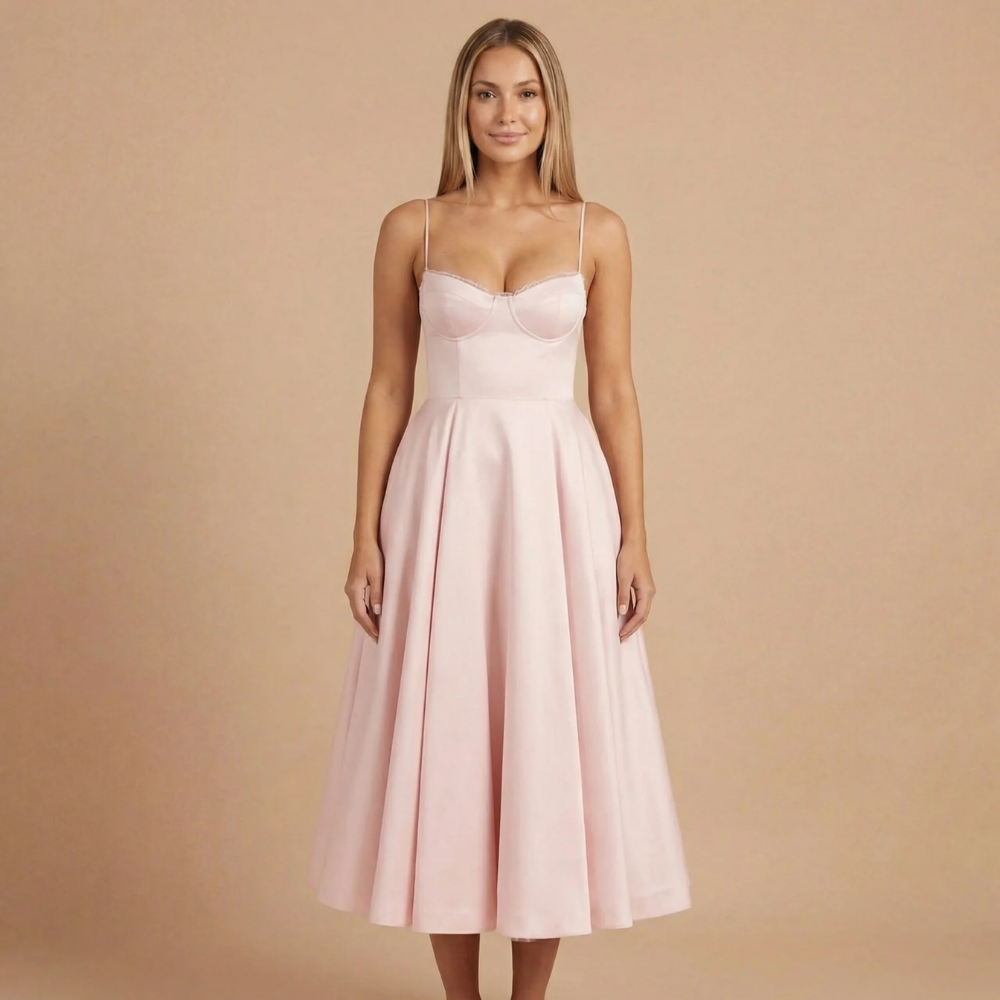 Light pink sweetheart neckline A-line midi dress front view