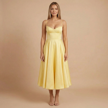 Pale yellow sweetheart neck A-line midi dress front view