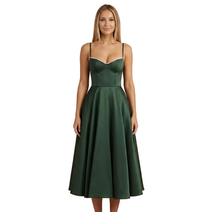 Dark green sweetheart neckline A-line midi dress with fitted bodice