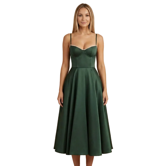 Dark green sweetheart neckline A-line midi dress with fitted bodice