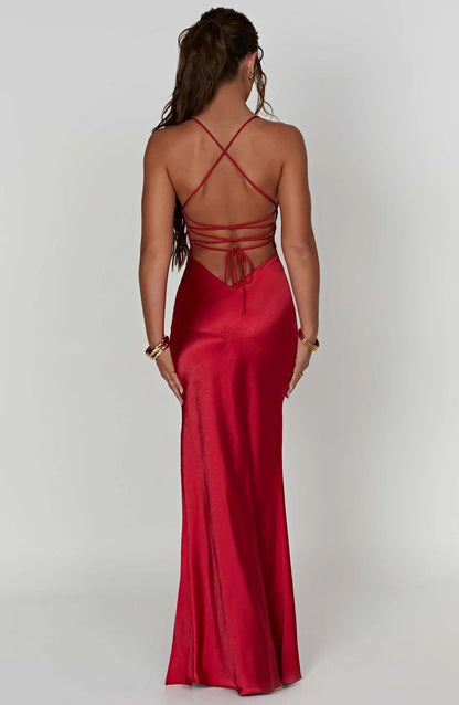 Back view of red maxi dress with criss-cross straps and tie detail
