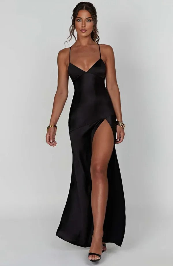 Black satin v-neck spaghetti strap maxi dress with leg slit