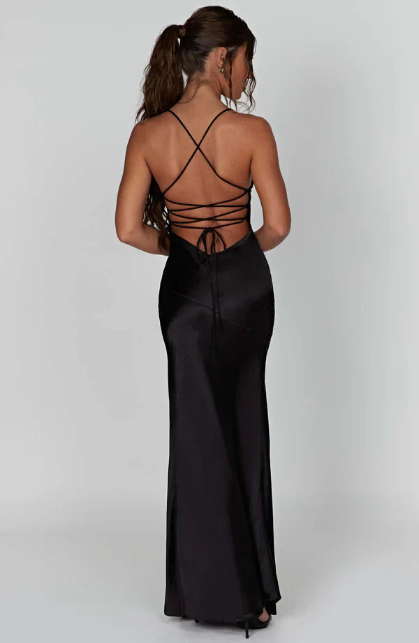 Back view of black maxi dress with lace-up strappy back