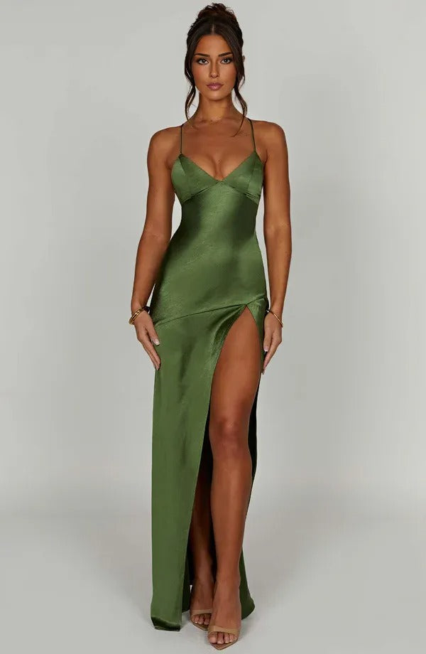 Olive green v-neck spaghetti strap maxi dress with side slit