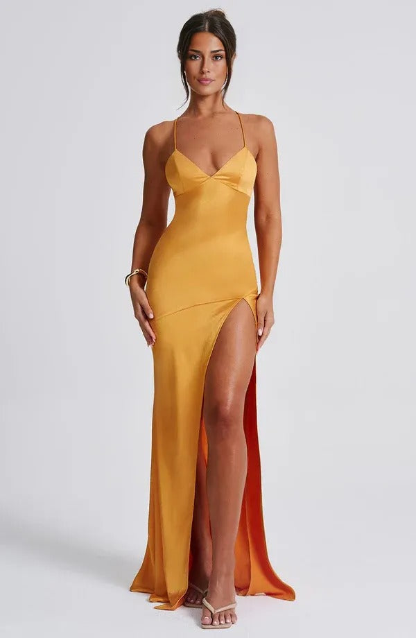 Gold satin v-neck spaghetti strap maxi dress with high slit