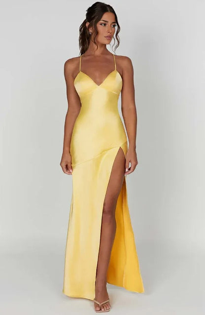 Pale yellow v-neck spaghetti strap maxi dress with leg slit