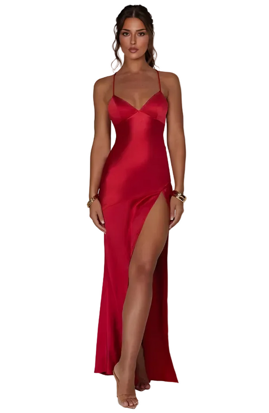 Red satin v-neck spaghetti strap maxi dress with high slit
