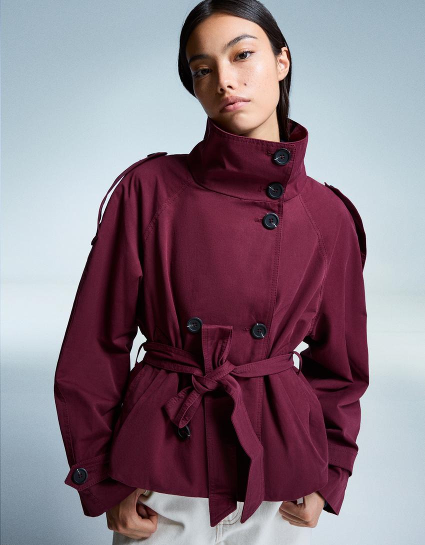 Women's Double Breasted Cropped Trench Coat - Red