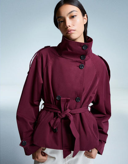 Women's Double Breasted Cropped Trench Coat - Red