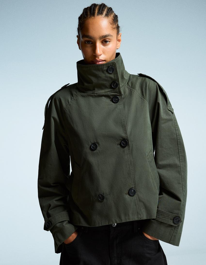 Women's Double Breasted Cropped Trench Coat - Green