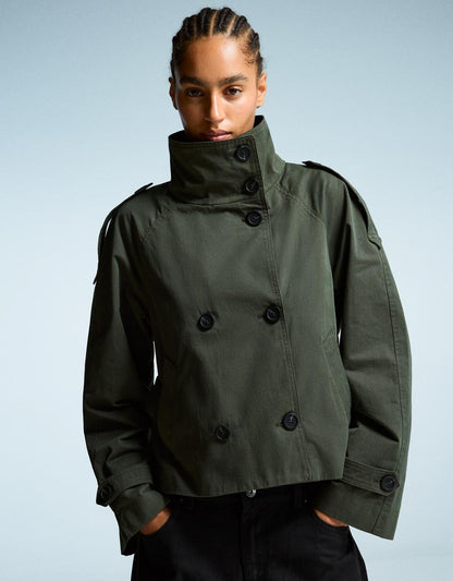 Women's Double Breasted Cropped Trench Coat - Green