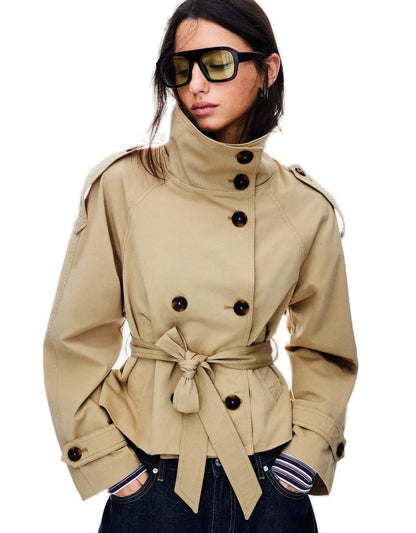 Women's Double Breasted Cropped Trench Coat - Beige