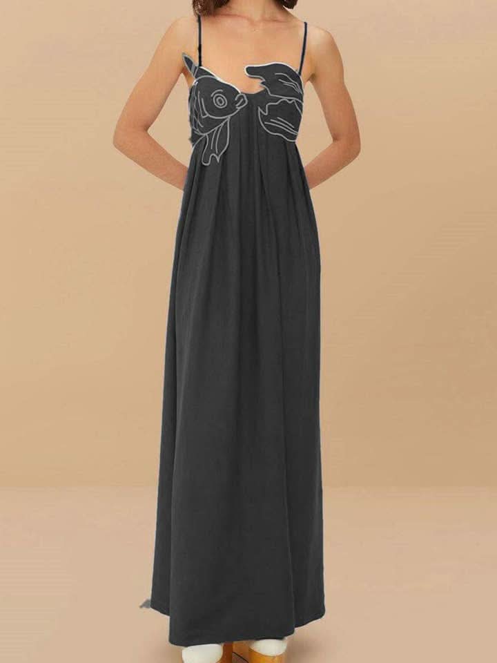 Black spaghetti strap maxi dress with white fish embroidery detail
