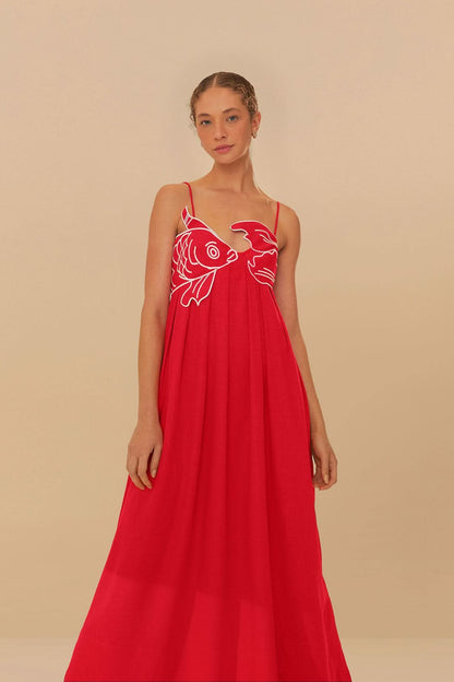 Red fish print maxi dress front view with thin shoulder straps