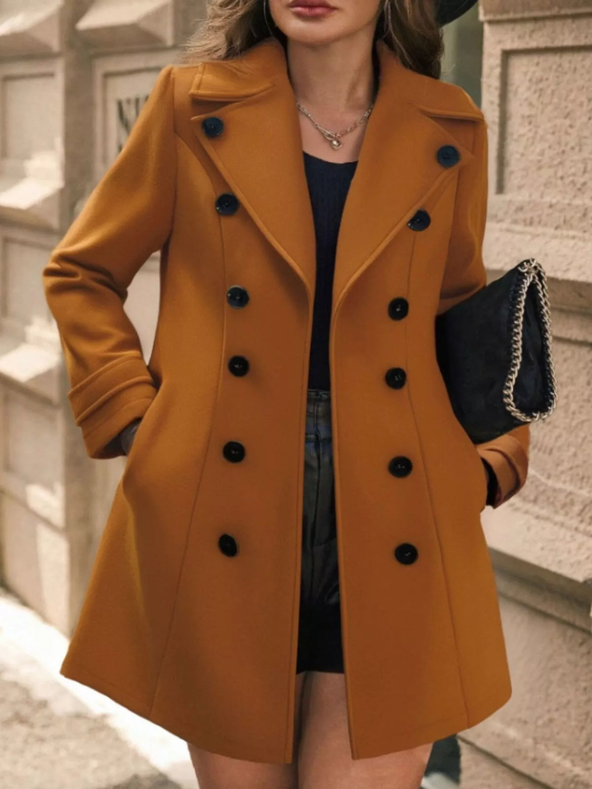 Women's Fit and Flare Double Breasted Mid Length Coat - Caramel