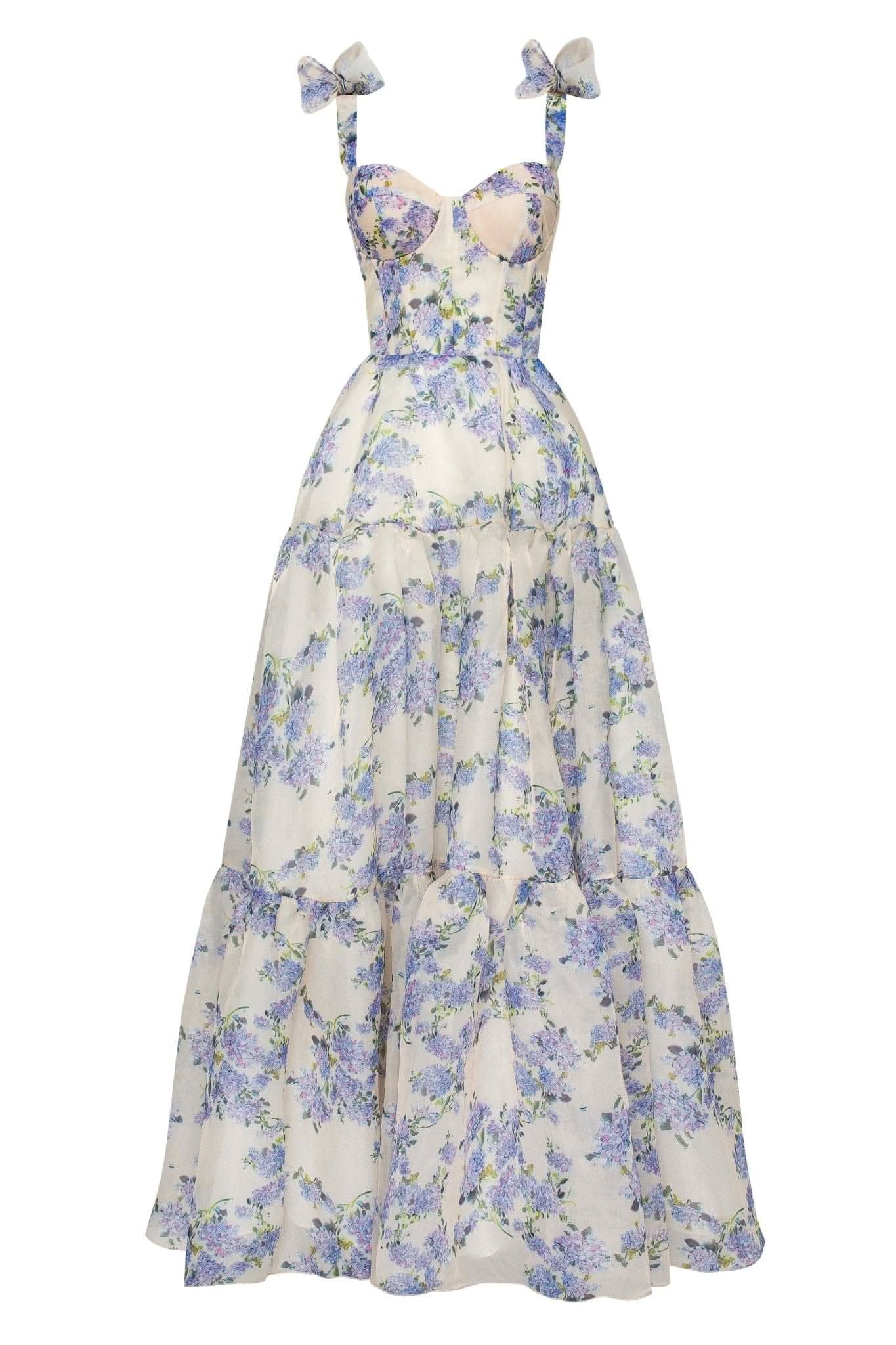 Full-length formal maxi dress with blue lilac floral print and bow tie straps