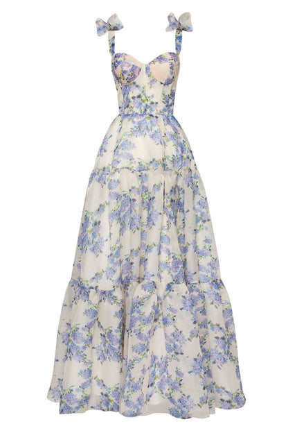 Full-length formal maxi dress with blue lilac floral print and bow tie straps