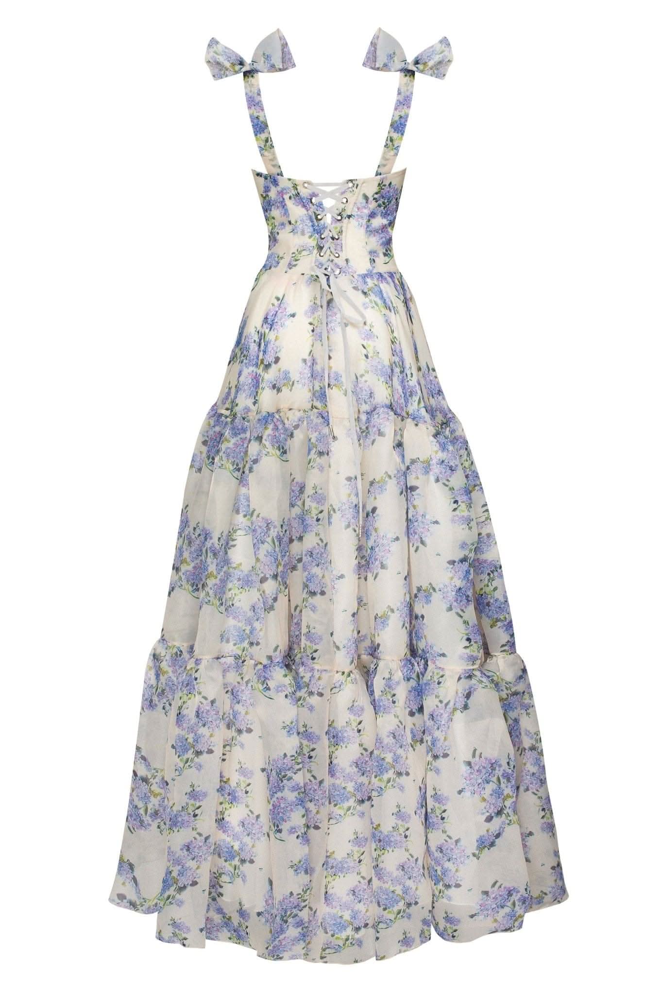Back view of formal floral maxi dress with lace-up corset and tiered skirt