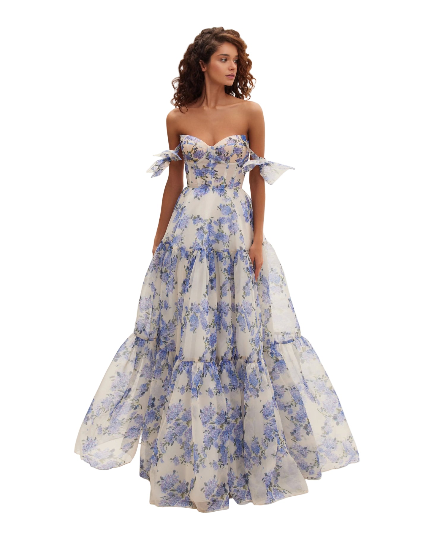 Off-shoulder formal maxi dress with blue floral print and tiered ruffle skirt