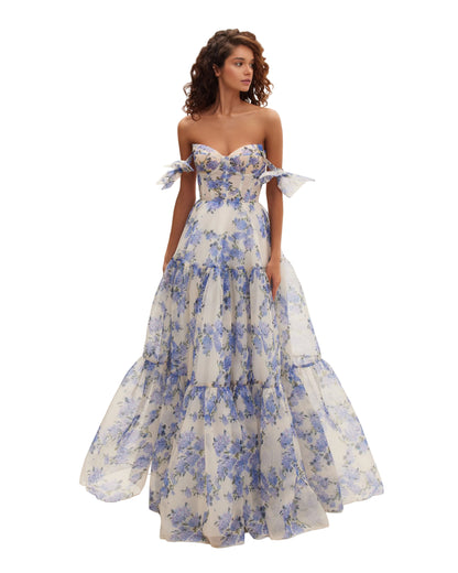 Off-shoulder formal maxi dress with blue floral print and tiered ruffle skirt