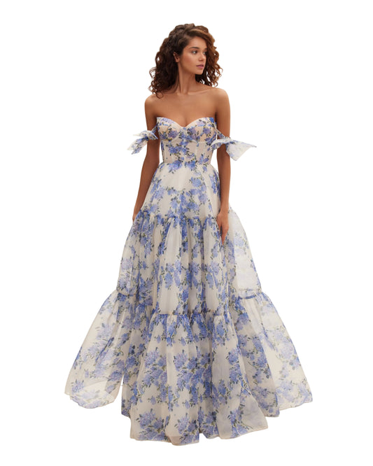 Off-shoulder formal maxi dress with blue floral print and tiered ruffle skirt