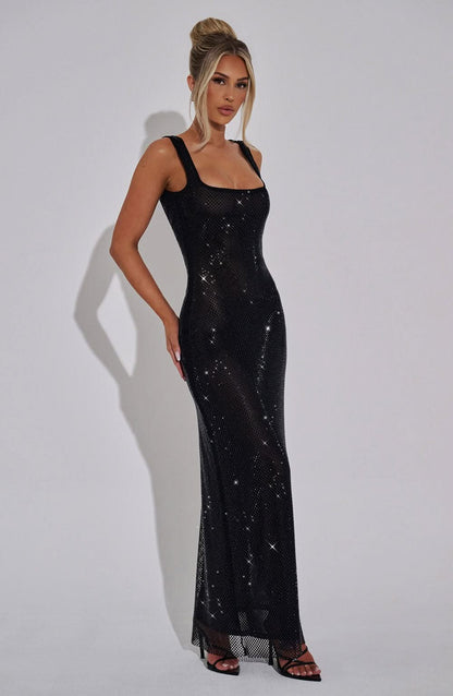 Black sequin square neck sleeveless maxi dress full length