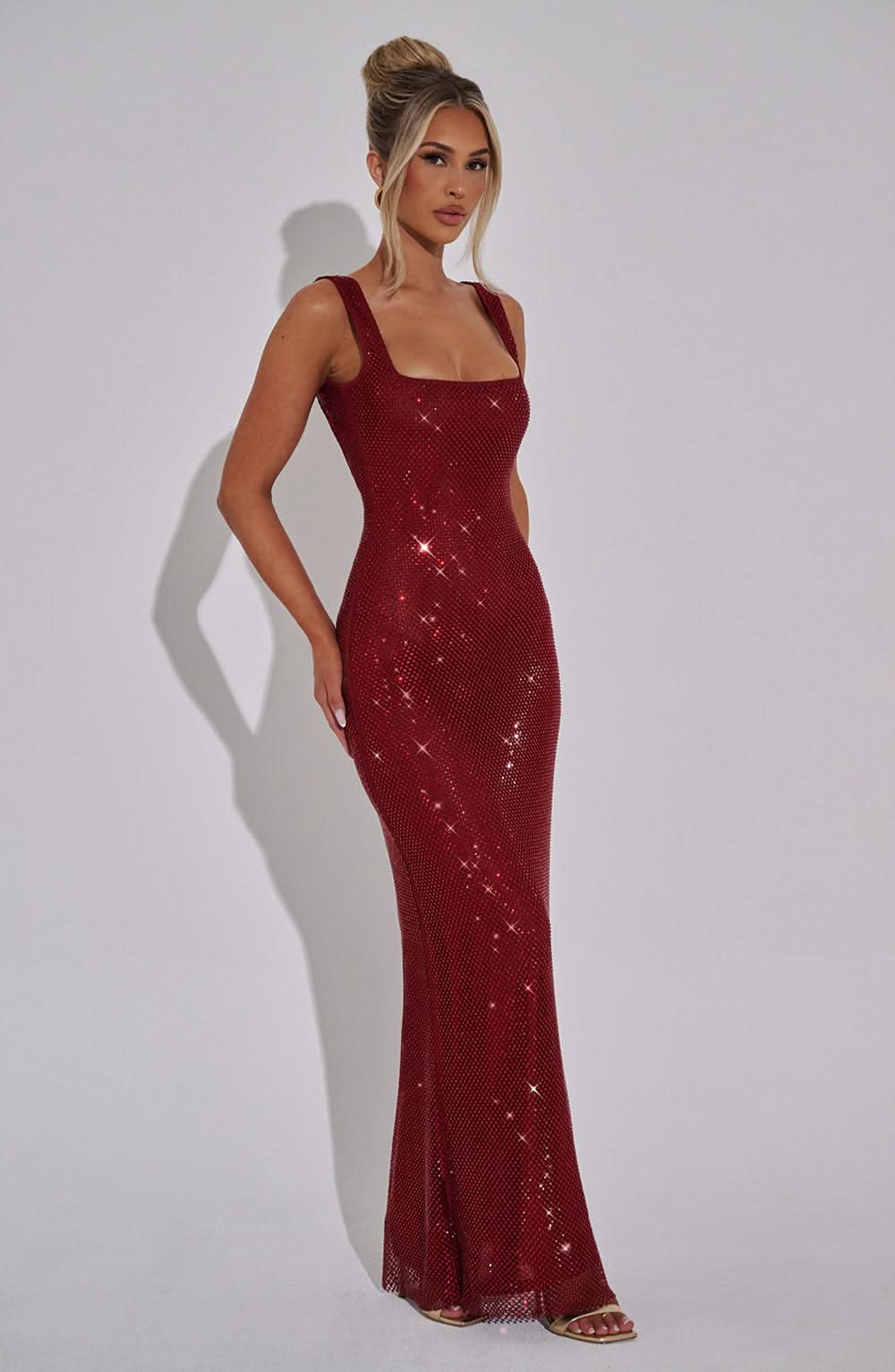 Burgundy red sequin square neck sleeveless maxi dress formal