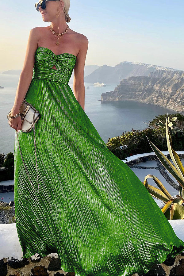 Bright green strapless pleated maxi dress with ruched bodice and full length skirt