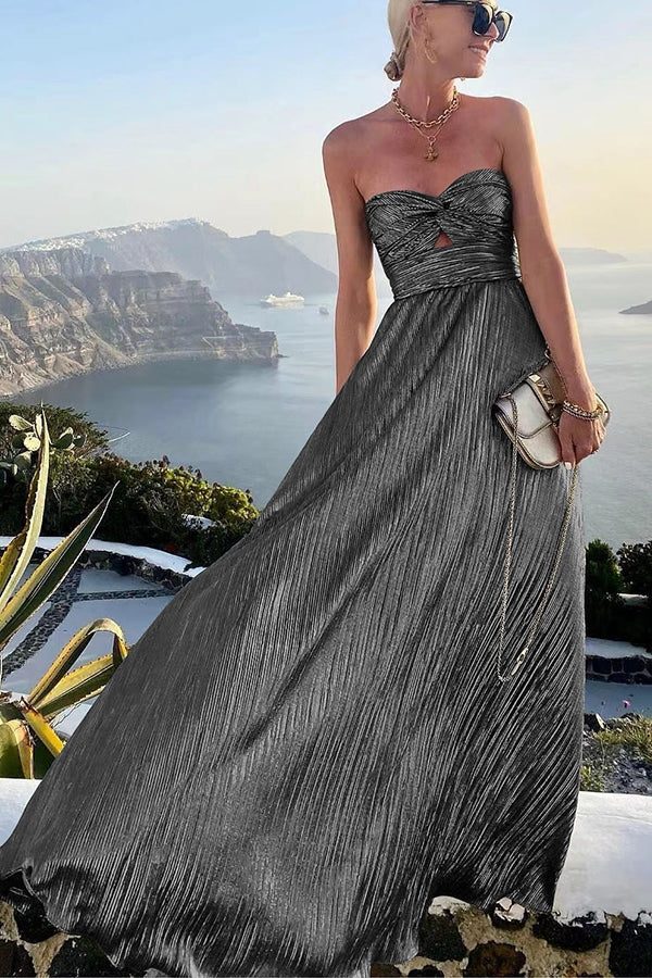 Black pleated formal maxi dress with strapless sweetheart neckline