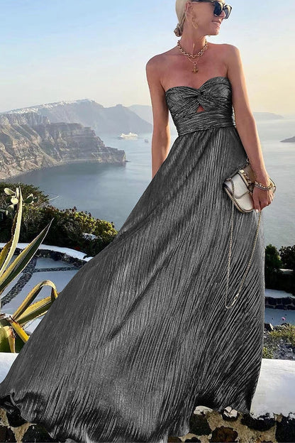 Black pleated formal maxi dress with strapless sweetheart neckline