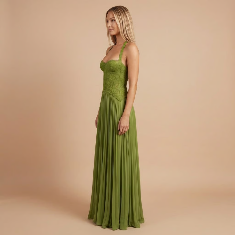 Women's olive green formal maxi dress side profile showing pleated skirt
