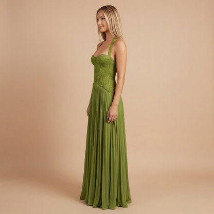 Women's olive green formal maxi dress side profile showing pleated skirt