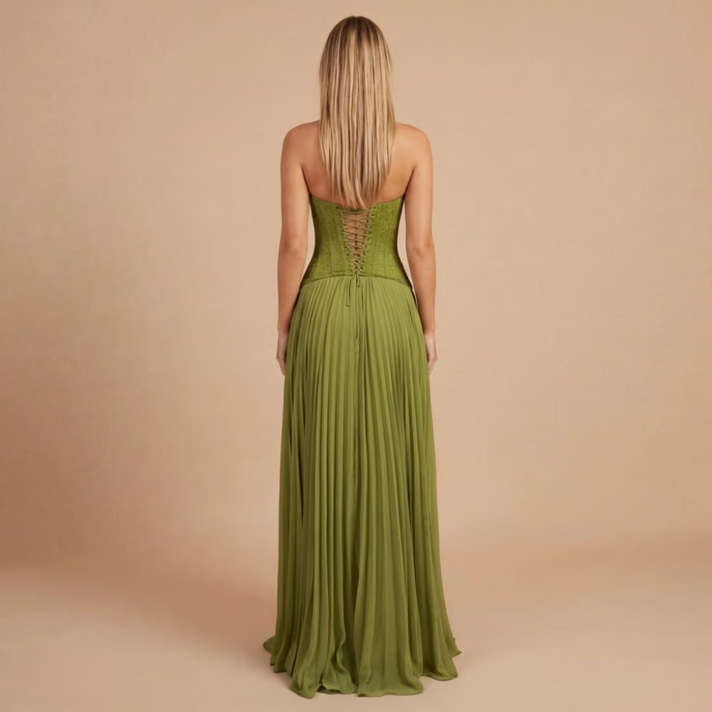 Women's olive green maxi dress back view with full-length lace-up corset closure