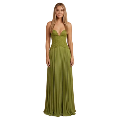Women's olive green maxi dress with sweetheart neckline and spaghetti straps