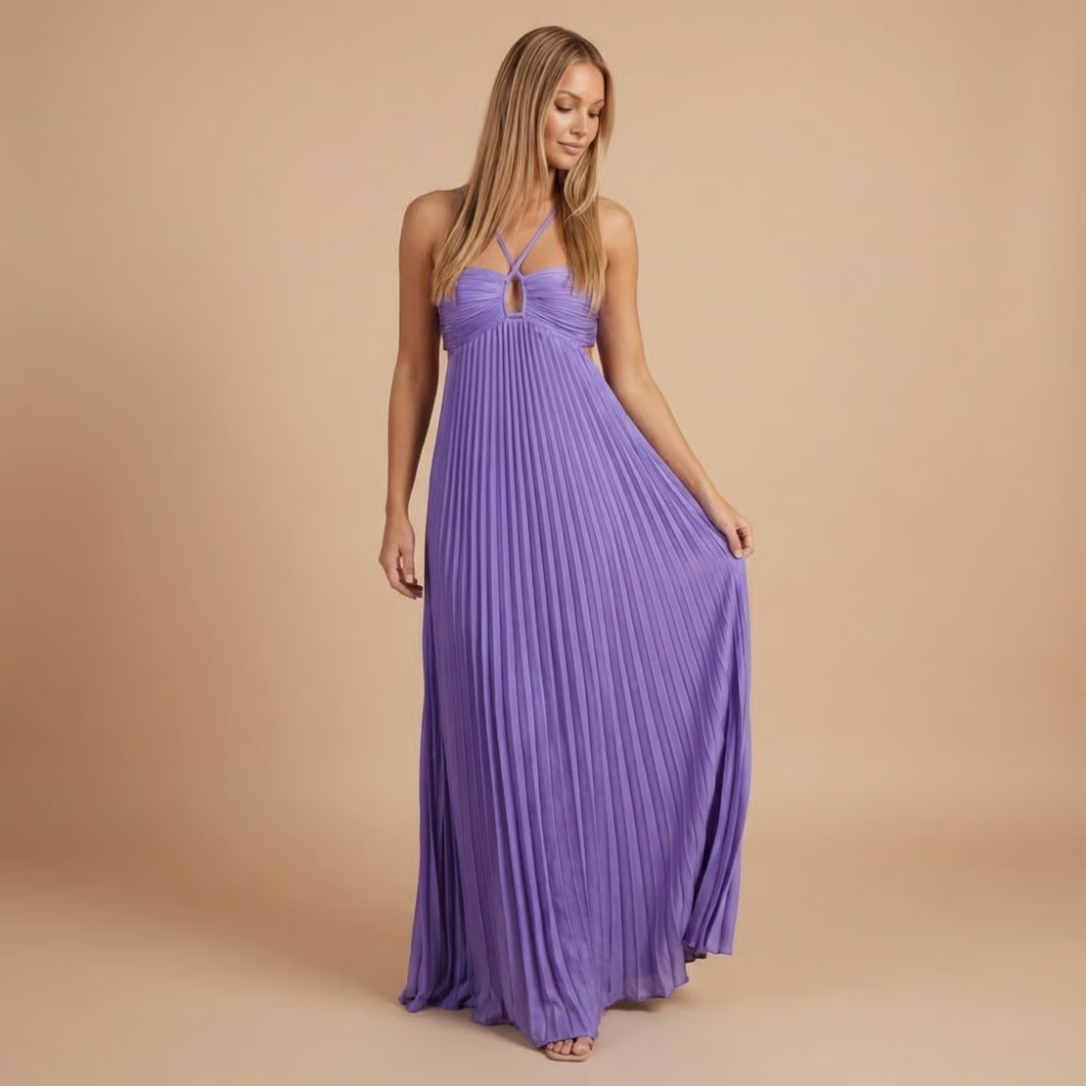 Purple pleated maxi dress with halter straps and keyhole detail