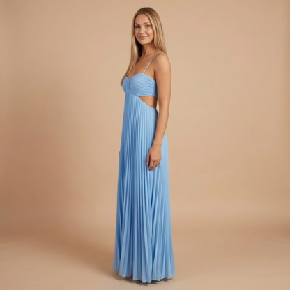Light blue halter neck pleated maxi dress with side cut-out detail