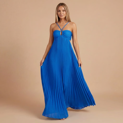 Royal blue pleated halter maxi dress with cut-out front and strappy neckline