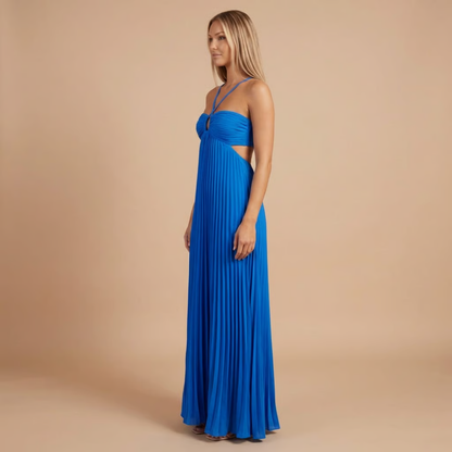 Blue halter neck pleated maxi dress side view with cut-out waist