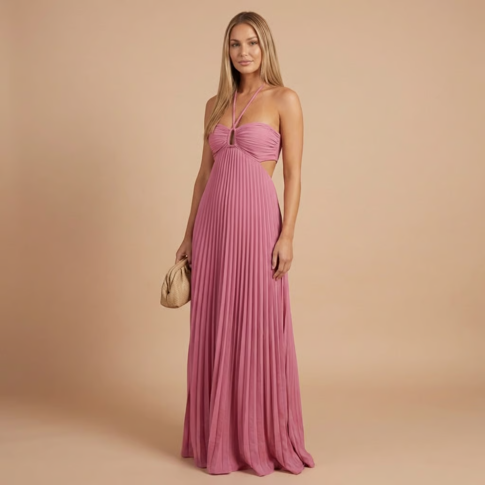 Mauve pink halter neck pleated maxi dress with waist cut-out
