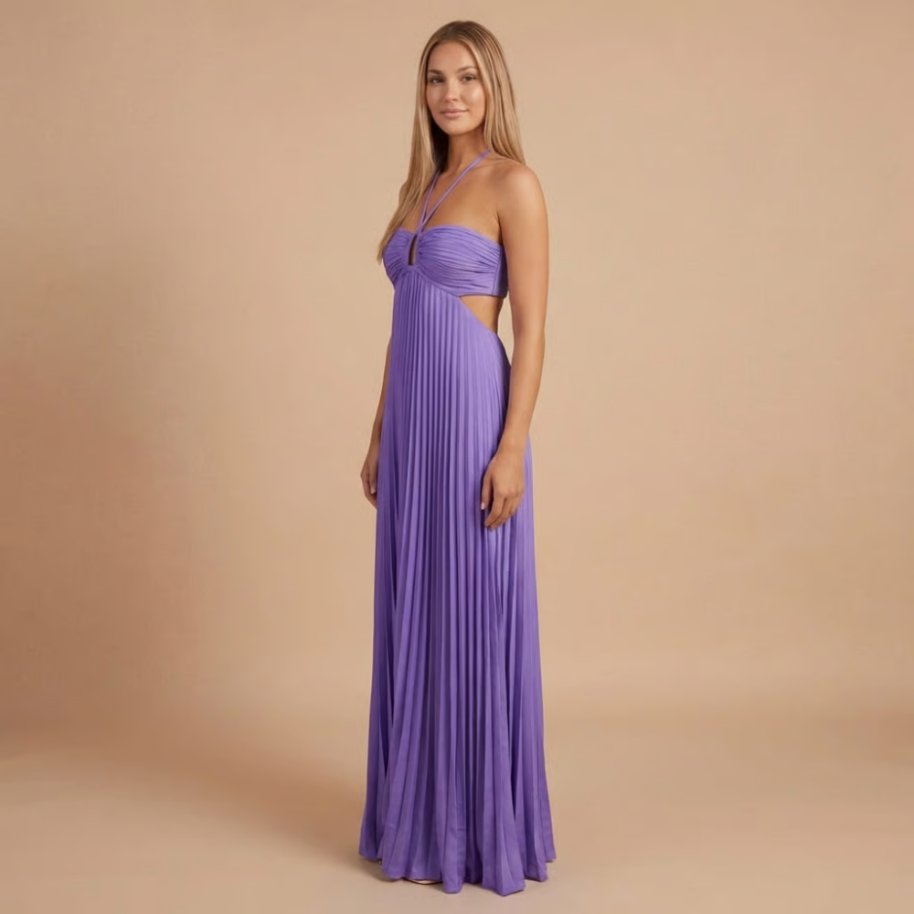 Lavender halter neck pleated maxi dress with front cut-out