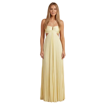 Cream halter neck pleated maxi dress with cut-out waist detail