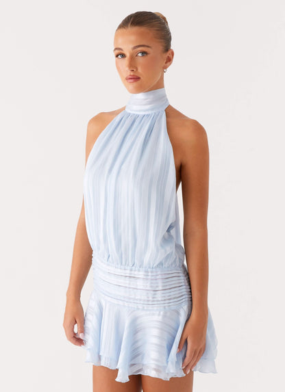 Light blue pleated halter mini dress with ruched waist detail