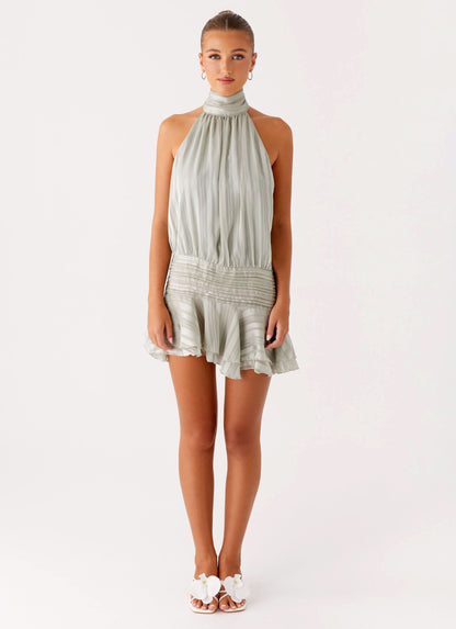 Sage green pleated halter neck chiffon mini dress front view