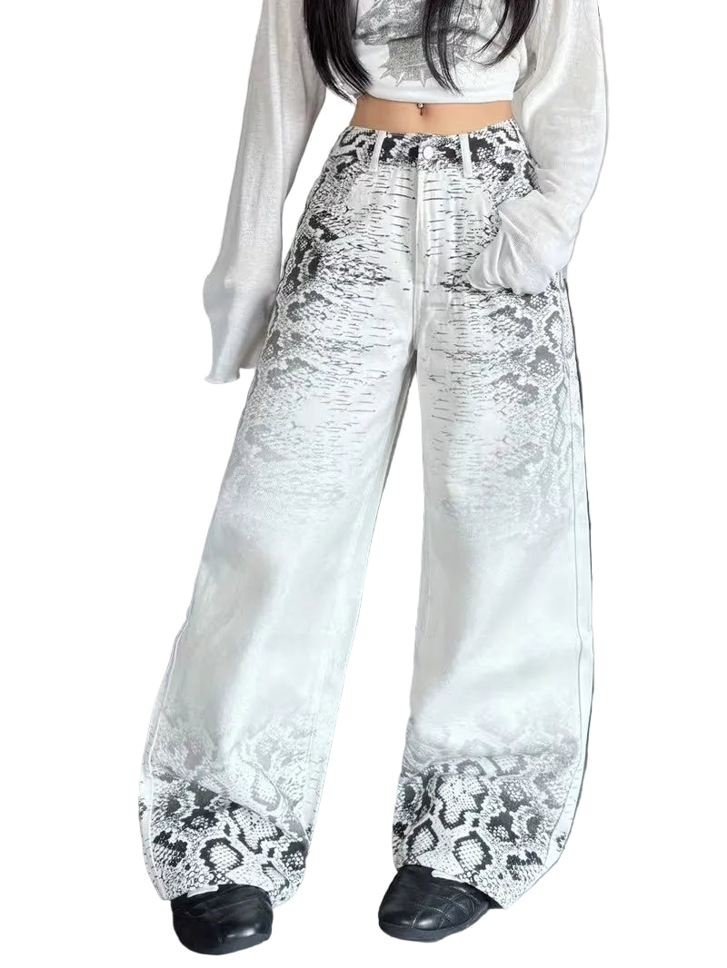 Women’s High-Waist Wide-Leg Pants with Printed Pattern
