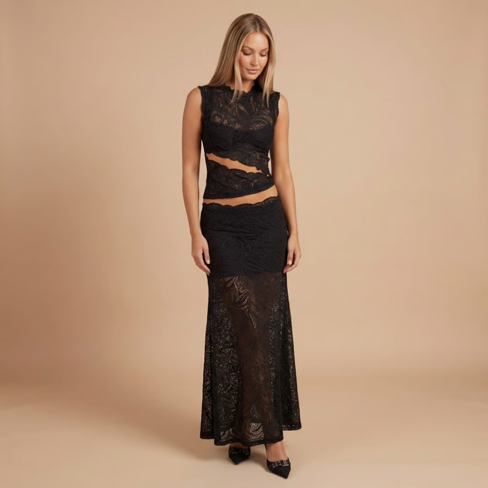 Front view black lace cut-out two-piece maxi skirt set