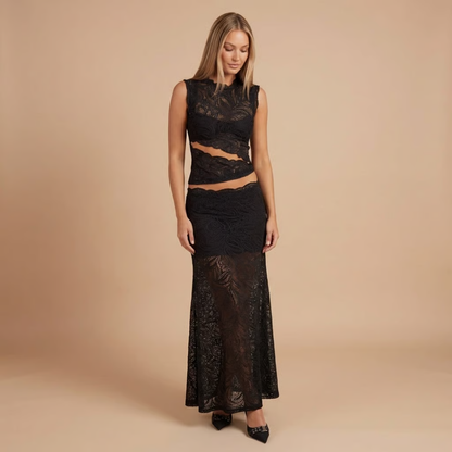 Front view black lace cut-out two-piece maxi skirt set