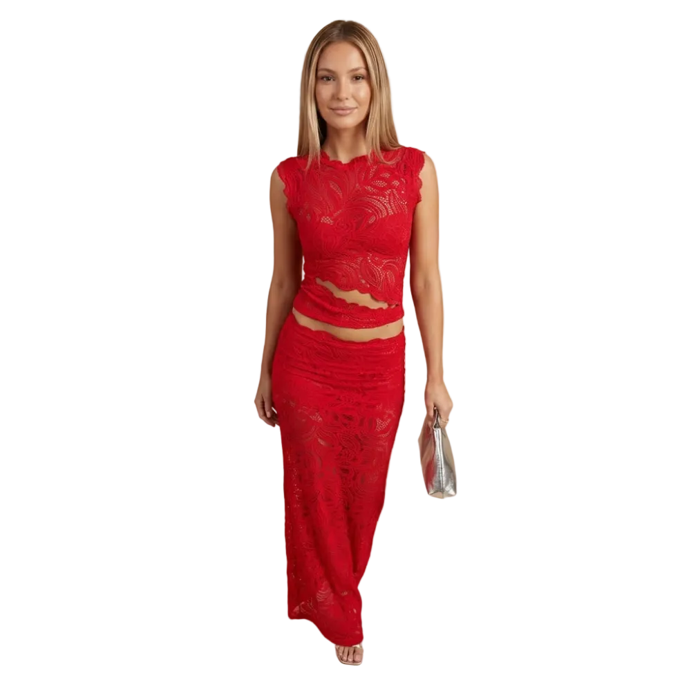 Red lace sleeveless maxi skirt set with cut-out waist detail