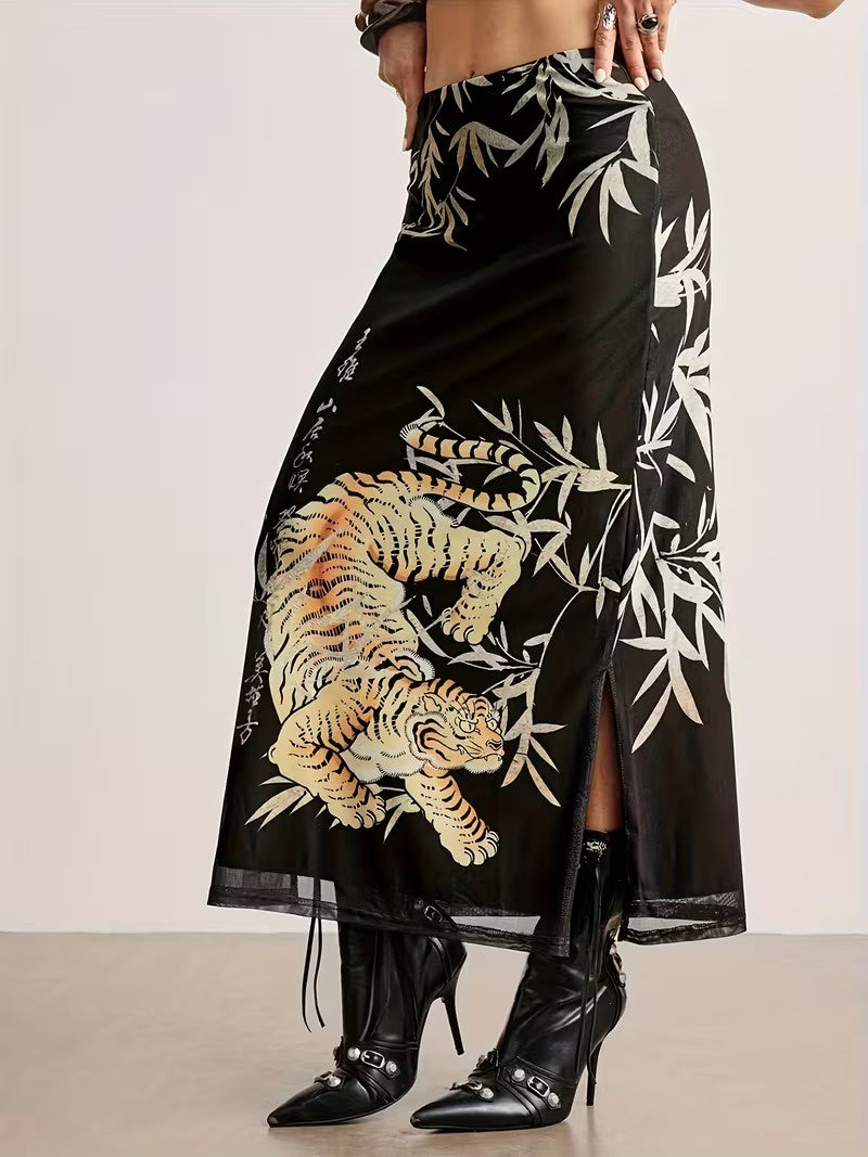 Women’s Maxi Skirt with Tiger and Bamboo Print